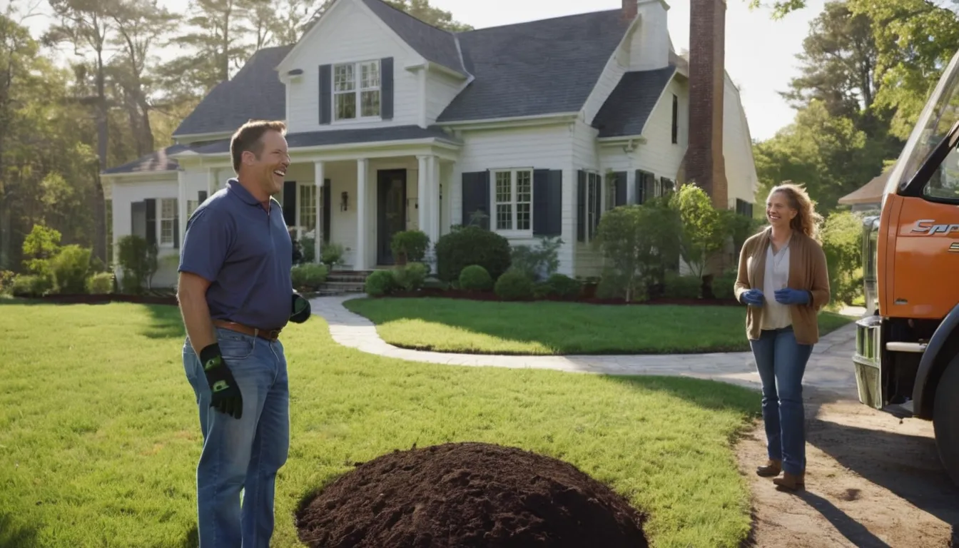 A friendly service provider talking with a homeowner beside a septic tank access lid in a Bowie yard